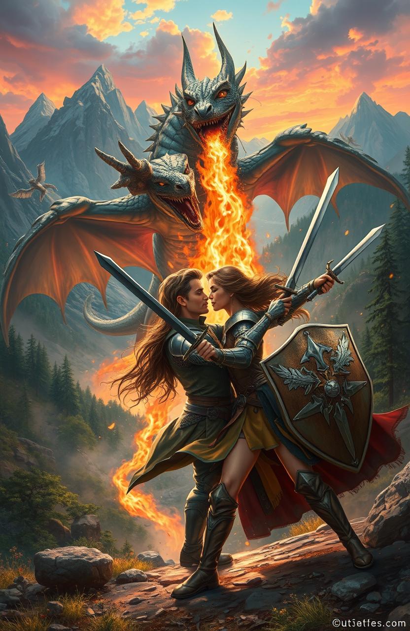 A thrilling scene depicting an adventurous couple engaged in an epic battle against a dragon in a fantastical landscape