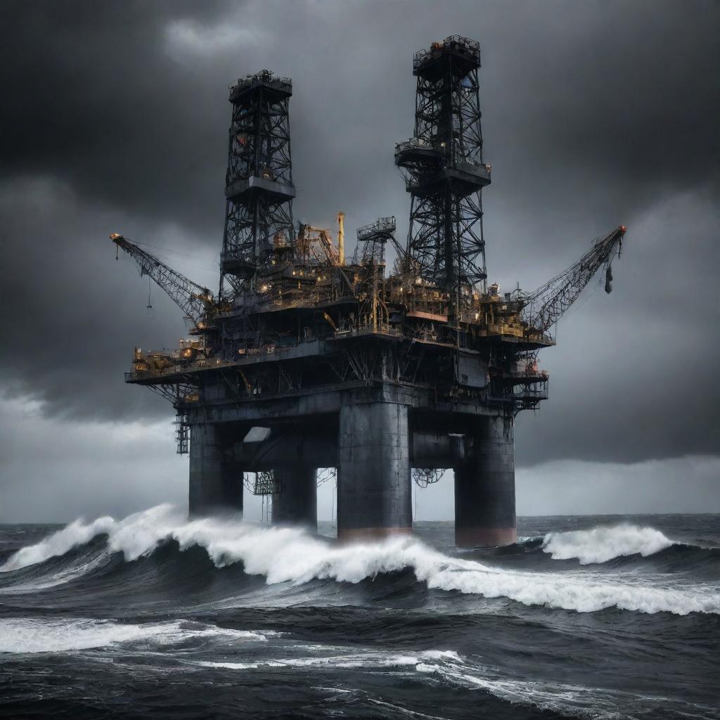 A quintessential oilpunk oil rig, featuring massive pipelines, pitch-black oil leaks, and heavy machinery, set atop a stormy sea awash with slick black waves under a dark, ominous sky.