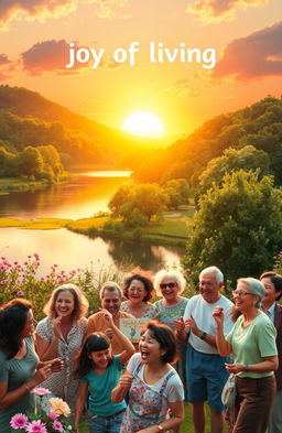 A beautiful, serene landscape showcasing the joy of living, featuring a vibrant sunrise over a calm lake surrounded by lush greenery and blooming flowers