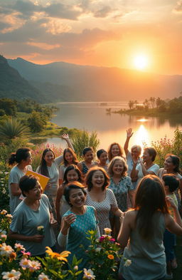 A beautiful, serene landscape showcasing the joy of living, featuring a vibrant sunrise over a calm lake surrounded by lush greenery and blooming flowers