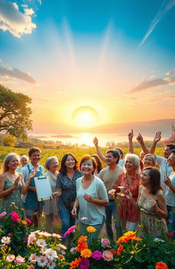 A beautiful, serene landscape showcasing the joy of living, featuring a vibrant sunrise over a calm lake surrounded by lush greenery and blooming flowers