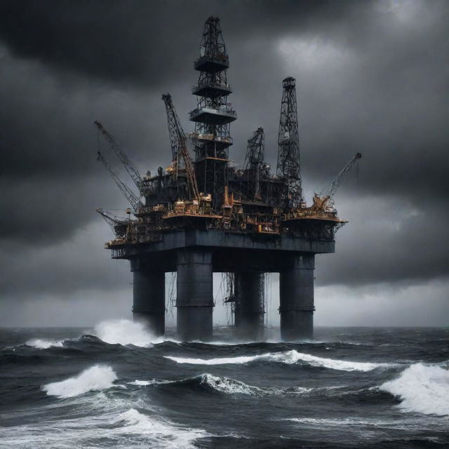 A quintessential oilpunk oil rig, featuring massive pipelines, pitch-black oil leaks, and heavy machinery, set atop a stormy sea awash with slick black waves under a dark, ominous sky.