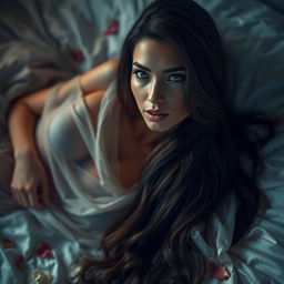 An alluring woman with luscious long hair, lying on soft satin sheets, sensually draped in sheer, flowing fabric