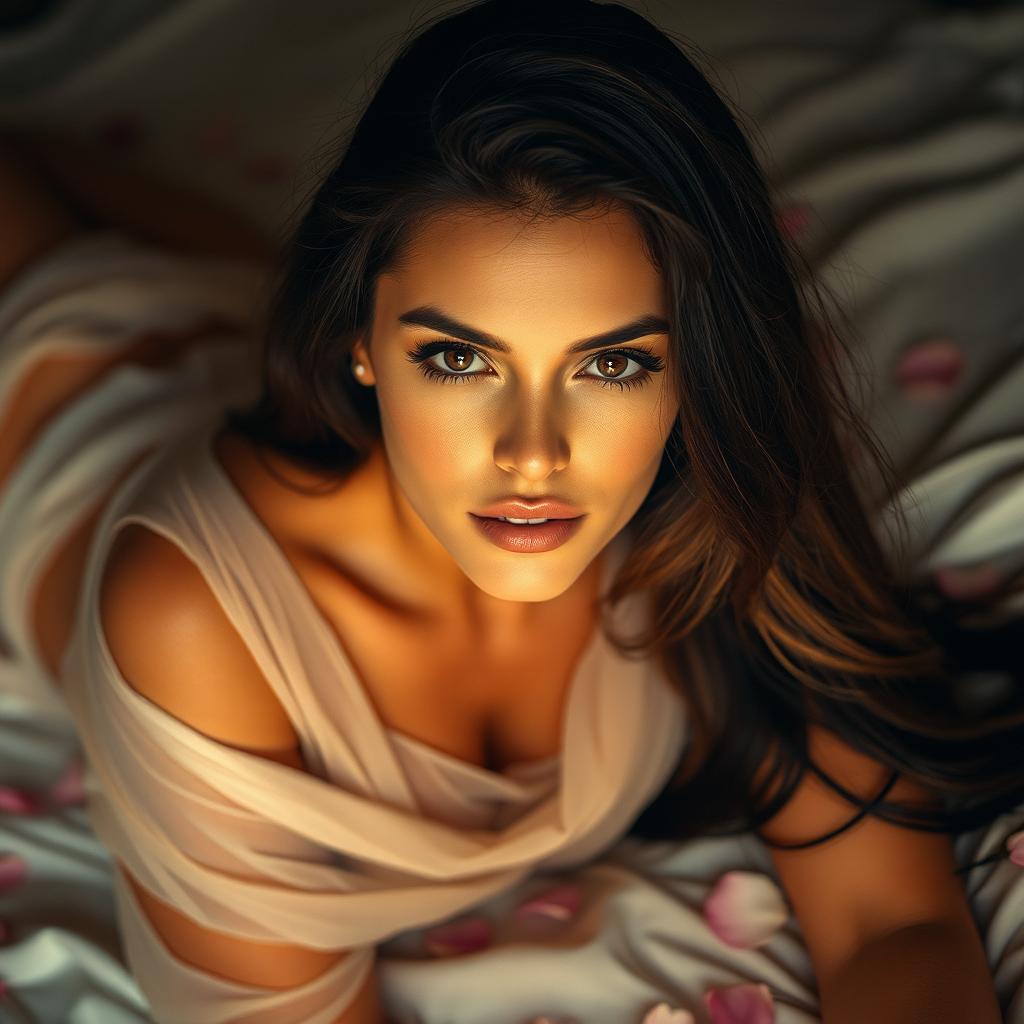 An alluring woman with luscious long hair, lying on soft satin sheets, sensually draped in sheer, flowing fabric