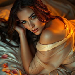 An alluring woman with luscious long hair, lying on soft satin sheets, sensually draped in sheer, flowing fabric