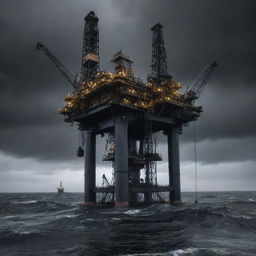 A quintessential oilpunk oil rig, featuring massive pipelines, pitch-black oil leaks, and heavy machinery, set atop a stormy sea awash with slick black waves under a dark, ominous sky.