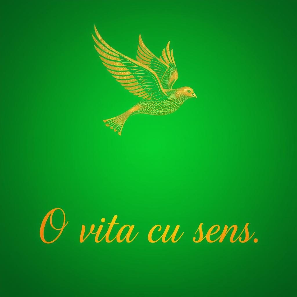 A vibrant emerald green background featuring a golden bird soaring gracefully in flight