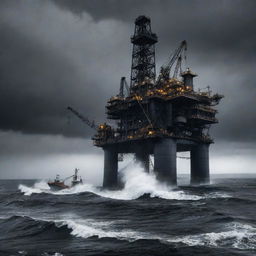 A quintessential oilpunk oil rig, featuring massive pipelines, pitch-black oil leaks, and heavy machinery, set atop a stormy sea awash with slick black waves under a dark, ominous sky.