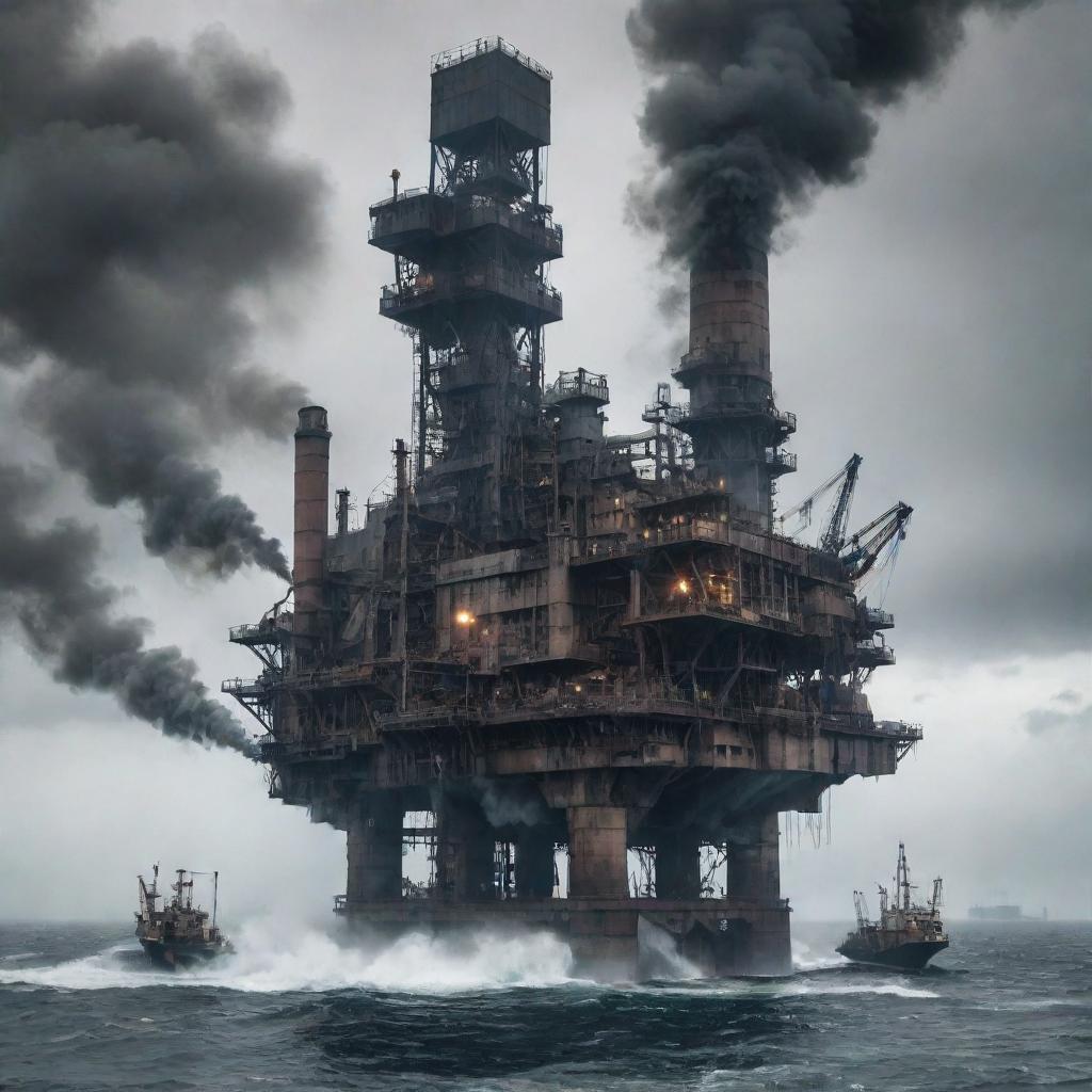 An imposing factorypunk oil rig, laden with mechanical machinery, clanging conveyor belts, and plumes of dark smoke, anchored in a choppy sea set against an industrialized shore.