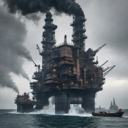 An imposing factorypunk oil rig, laden with mechanical machinery, clanging conveyor belts, and plumes of dark smoke, anchored in a choppy sea set against an industrialized shore.