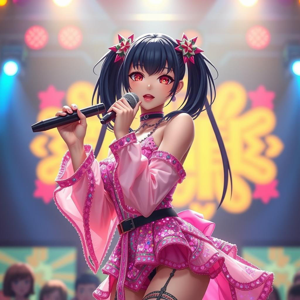 A stunning woman with long black twintails and vibrant red eyes, passionately singing on stage