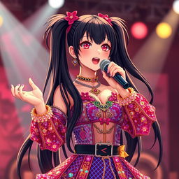 A stunning woman with long black twintails and vibrant red eyes, passionately singing on stage