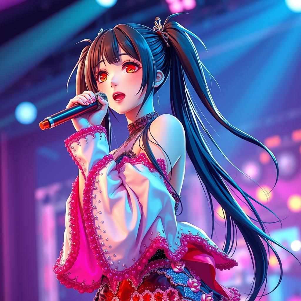 A stunning woman with long black twintails and vibrant red eyes, passionately singing on stage