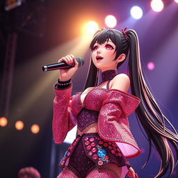 A stunning woman with long black twintails and vibrant red eyes, passionately singing on stage