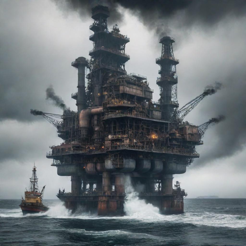 An imposing factorypunk oil rig, laden with mechanical machinery, clanging conveyor belts, and plumes of dark smoke, anchored in a choppy sea set against an industrialized shore.