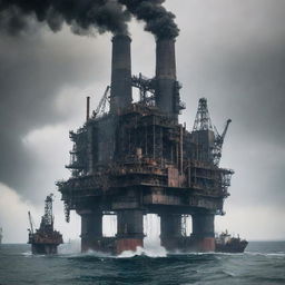 An imposing factorypunk oil rig, laden with mechanical machinery, clanging conveyor belts, and plumes of dark smoke, anchored in a choppy sea set against an industrialized shore.