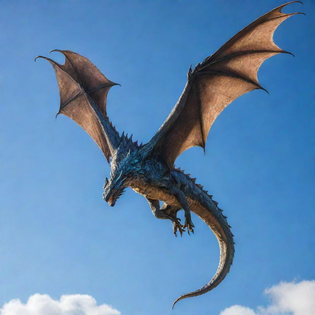 A majestic dragon soaring through a clear blue sky, its scales shimmering in the sunlight.