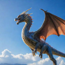 A majestic dragon soaring through a clear blue sky, its scales shimmering in the sunlight.