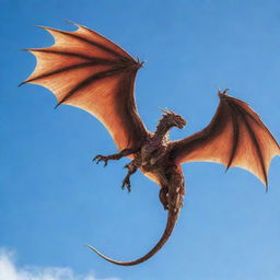 A majestic dragon soaring through a clear blue sky, its scales shimmering in the sunlight.