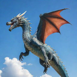 A majestic dragon soaring through a clear blue sky, its scales shimmering in the sunlight.