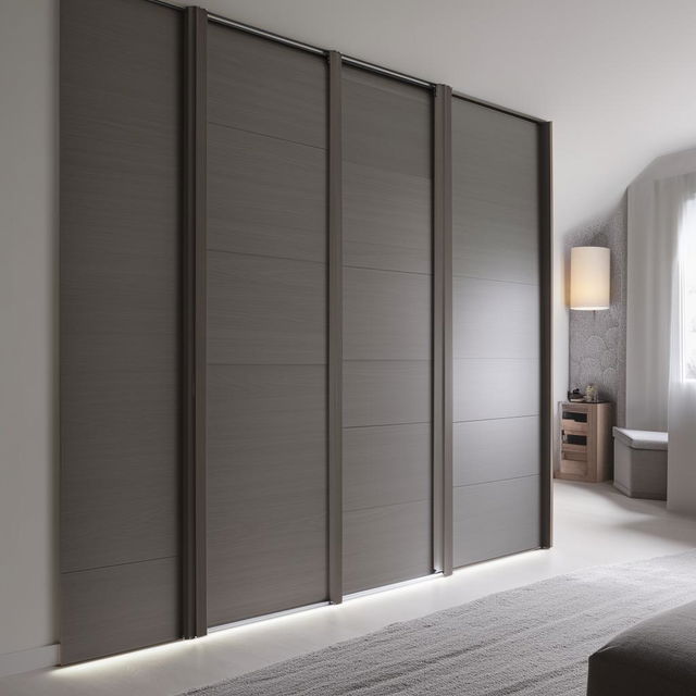 A modern sliding wardrobe on a sleek grey flooring in a well-lit room