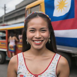 An image of a proud Filipina, her face beaming with happiness, embodying her strong identity. She is surrounded by iconic elements of Filipino culture such as jeepneys, the Philippine flag, and traditional textiles.