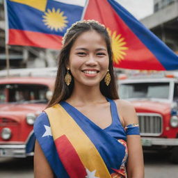 An image of a proud Filipina, her face beaming with happiness, embodying her strong identity. She is surrounded by iconic elements of Filipino culture such as jeepneys, the Philippine flag, and traditional textiles.