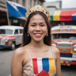 An image of a proud Filipina, her face beaming with happiness, embodying her strong identity. She is surrounded by iconic elements of Filipino culture such as jeepneys, the Philippine flag, and traditional textiles.