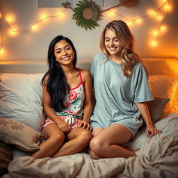 A cozy scene featuring two teenage girls in bed together, one short Latina with long dark hair, wearing a cute, colorful tank top and soft pajama bottoms, and a tall white girl with wavy blonde hair, dressed in an oversized t-shirt and comfortable shorts