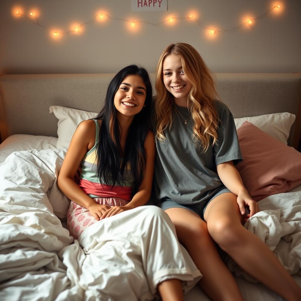 A cozy scene featuring two teenage girls in bed together, one short Latina with long dark hair, wearing a cute, colorful tank top and soft pajama bottoms, and a tall white girl with wavy blonde hair, dressed in an oversized t-shirt and comfortable shorts