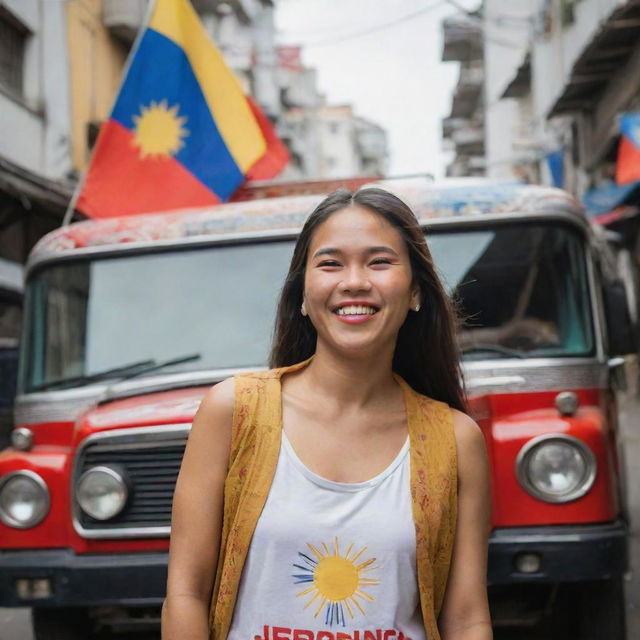 An image of a proud Filipina, her face beaming with happiness, embodying her strong identity. She is surrounded by iconic elements of Filipino culture such as jeepneys, the Philippine flag, and traditional textiles.