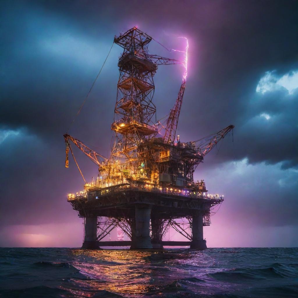 A buzzing electropunk oil rig, decked with high-voltage power lines, neon-lit equipment, and arcing energy sparks, standing solitary in a turbulent ocean under a charged, electric sky.