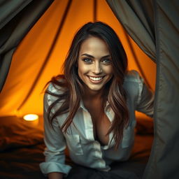 A captivating and playful scene of a woman crawling into a cozy tent, creating a sense of intimacy and allure