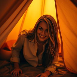 A captivating and playful scene of a woman crawling into a cozy tent, creating a sense of intimacy and allure