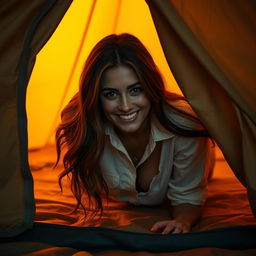 A captivating and playful scene of a woman crawling into a cozy tent, creating a sense of intimacy and allure