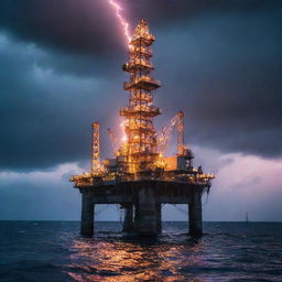 A buzzing electropunk oil rig, decked with high-voltage power lines, neon-lit equipment, and arcing energy sparks, standing solitary in a turbulent ocean under a charged, electric sky.