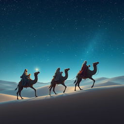 The Three Wise Men from the East riding their camels, journeying through a vast desert landscape under a twinkling starry night sky