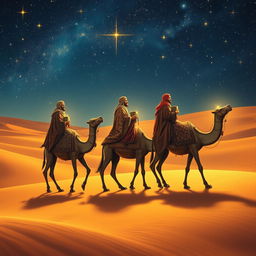 The Three Wise Men from the East riding their camels, journeying through a vast desert landscape under a twinkling starry night sky