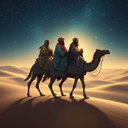 The Three Wise Men from the East riding their camels, journeying through a vast desert landscape under a twinkling starry night sky