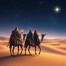 The Three Wise Men from the East riding their camels, journeying through a vast desert landscape under a twinkling starry night sky