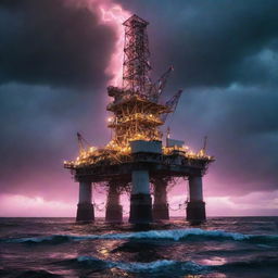 A buzzing electropunk oil rig, decked with high-voltage power lines, neon-lit equipment, and arcing energy sparks, standing solitary in a turbulent ocean under a charged, electric sky.