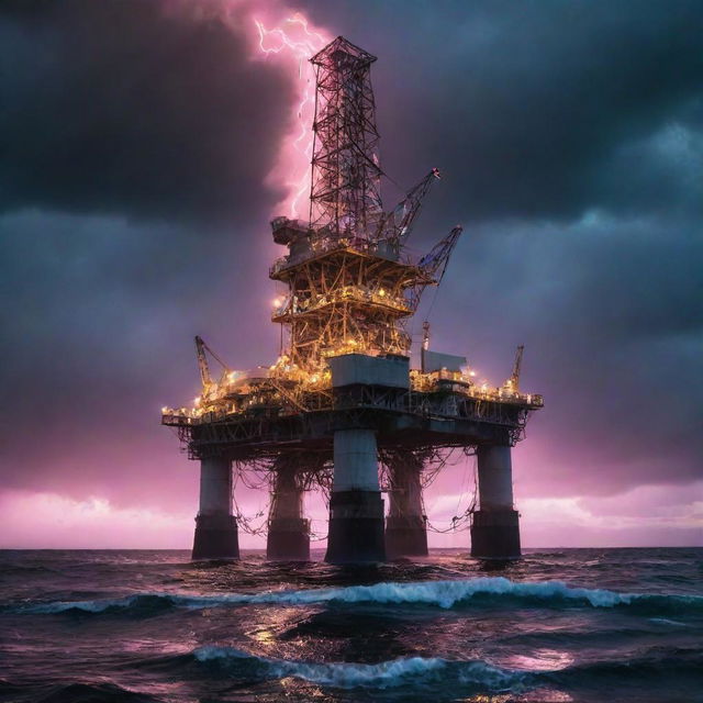 A buzzing electropunk oil rig, decked with high-voltage power lines, neon-lit equipment, and arcing energy sparks, standing solitary in a turbulent ocean under a charged, electric sky.