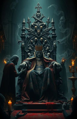 A dark and gruesome royal scene depicting a majestic monarch surrounded by an aura of necromancy