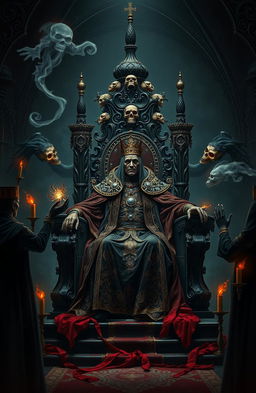 A dark and gruesome royal scene depicting a majestic monarch surrounded by an aura of necromancy