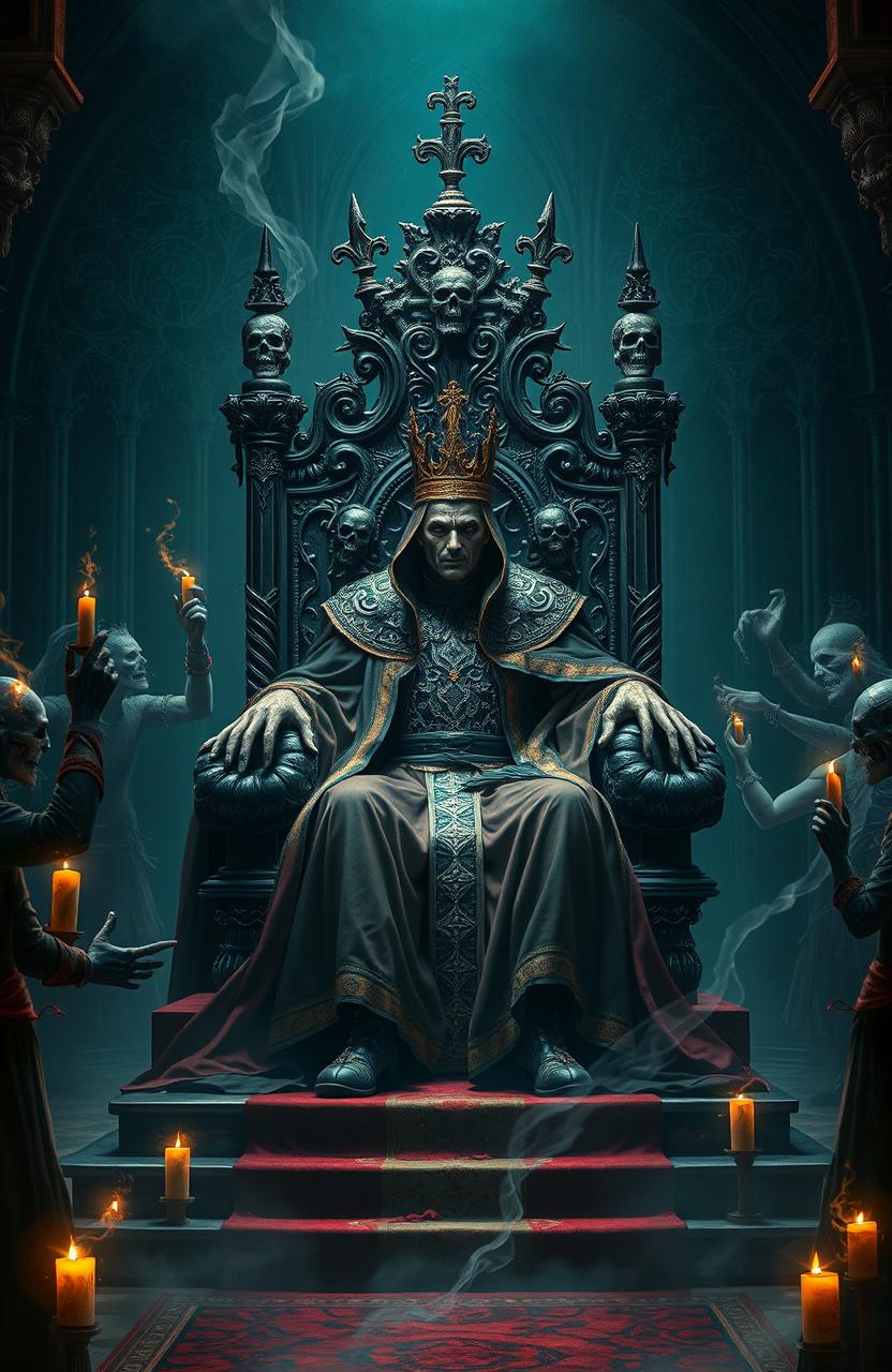 A dark and gruesome royal scene depicting a majestic monarch surrounded by an aura of necromancy