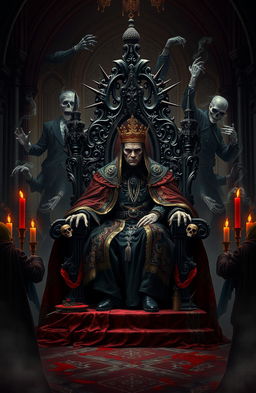 A dark and gruesome royal scene depicting a majestic monarch surrounded by an aura of necromancy