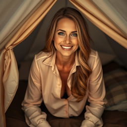 A confident and alluring MILF crawling into a cozy tent, creating an intimate and inviting atmosphere