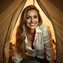 A confident and alluring MILF crawling into a cozy tent, creating an intimate and inviting atmosphere