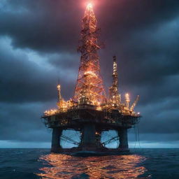 A buzzing electropunk oil rig, decked with high-voltage power lines, neon-lit equipment, and arcing energy sparks, standing solitary in a turbulent ocean under a charged, electric sky.