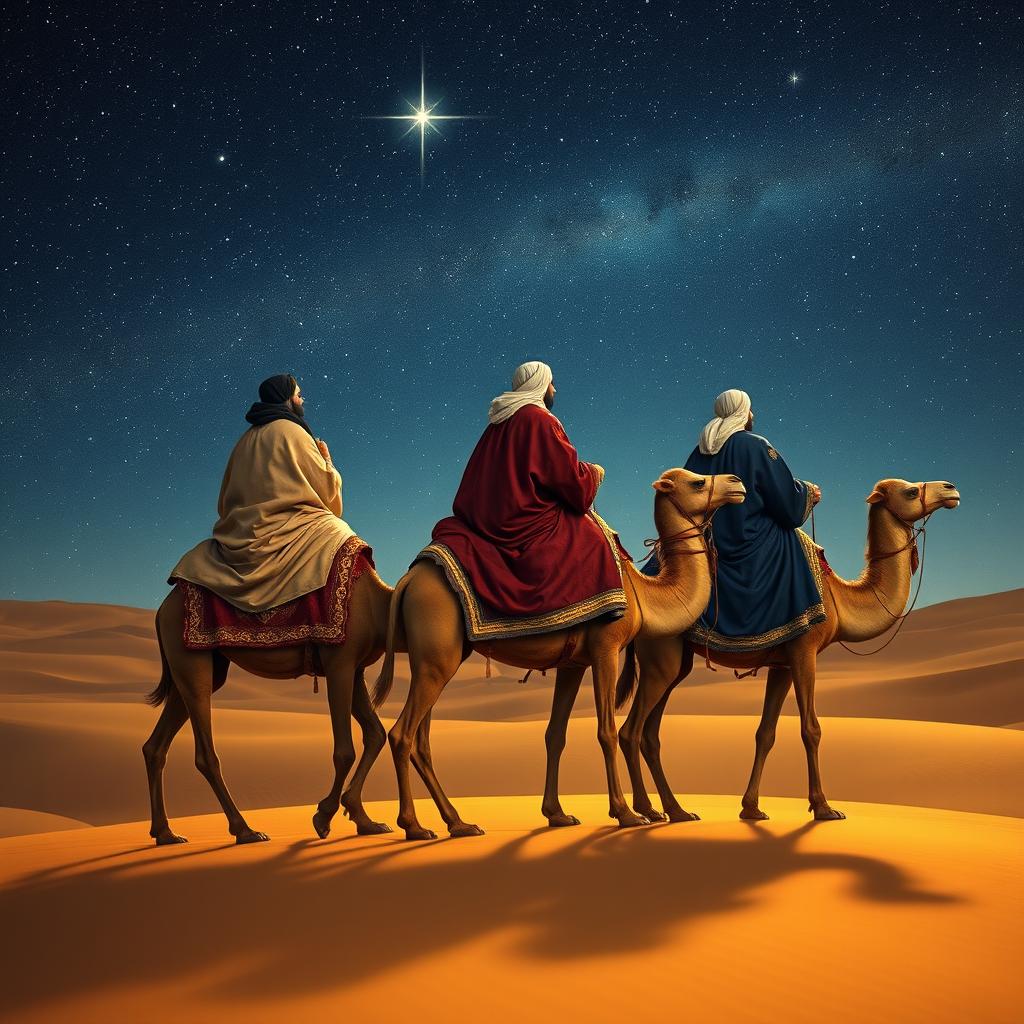 The Three Wise Men from the East sitting atop their three camels, slowly journeying through a vast desert landscape under a beautifully twinkling starry night sky